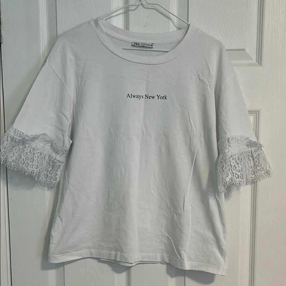 Zara White Tee with Lace Sleeves